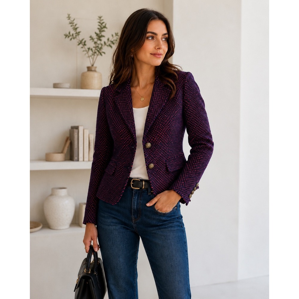 Banana Republic Tweed Navy Red Textured Blazer Preppyβ Chic Quiet Luxury Sz 4